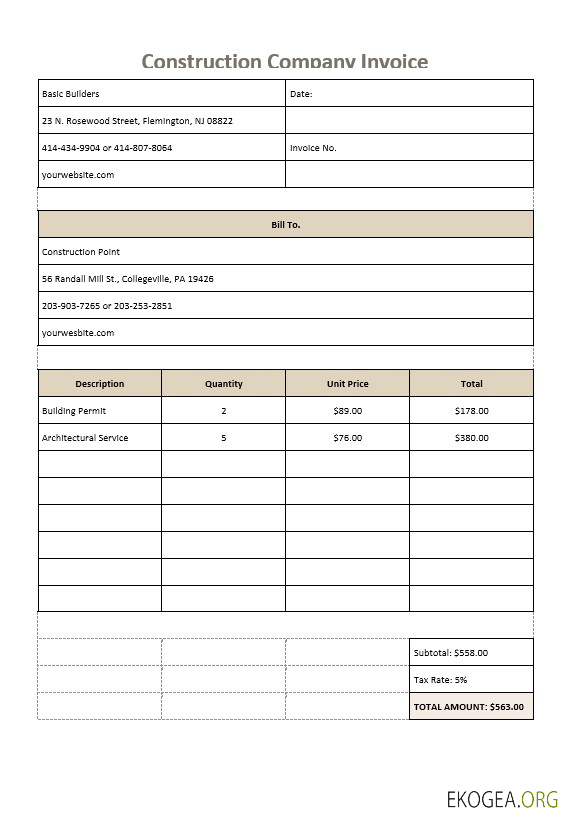 Modèle de facture d'entreprise de construction
